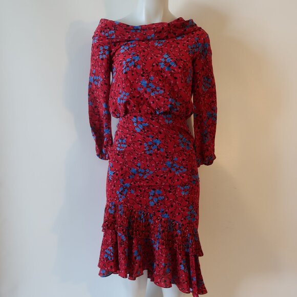 NWT Womens Saloni 100% Silk Red, Black, Blue Floral Long Sleeve Dress 2 - Picture 1 of 8